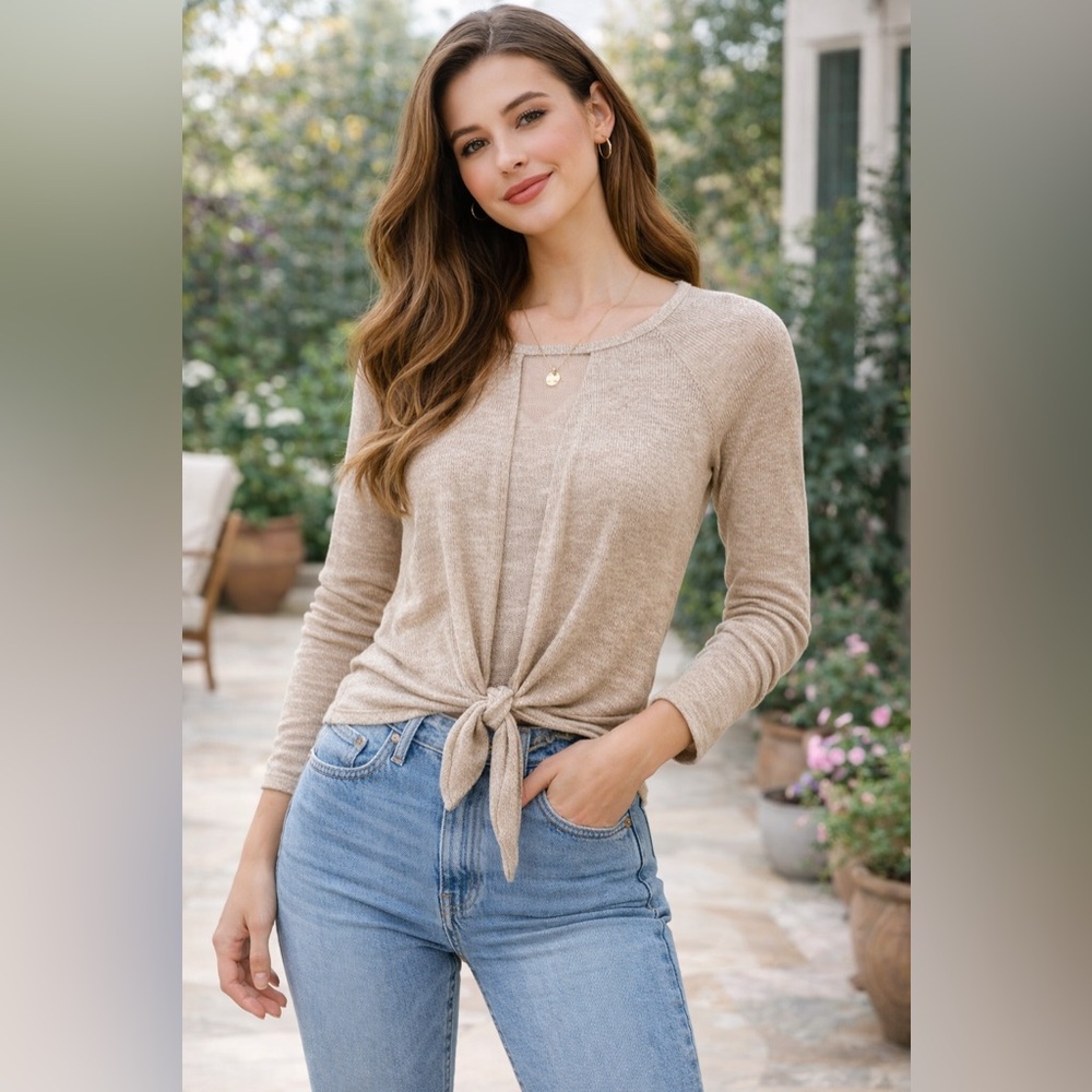 Willow & Root Tie Front Knit Top Medium Beige Boho Lightweight Long Sleeve‎